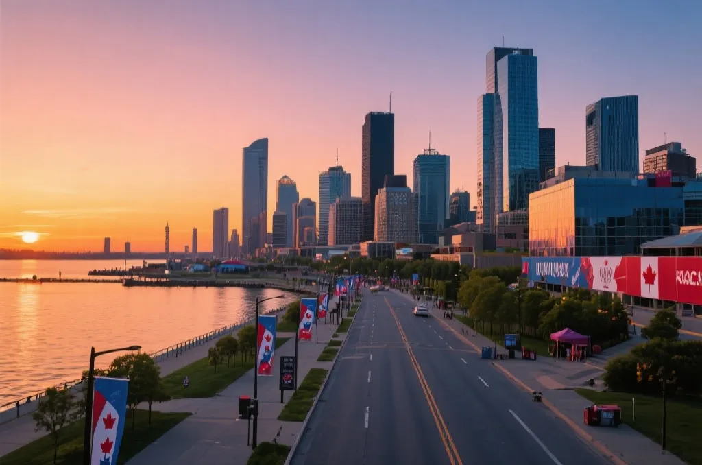 美丽的北美大都市大西洋沿岸天际线，在夕阳下泛着金色光芒，街道整洁，洋溢着运动与节日的气氛